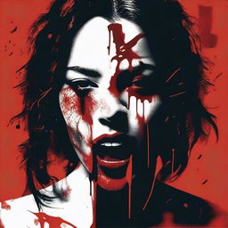 A dark red background featuring a woman with bloodstains licking a bloody knife