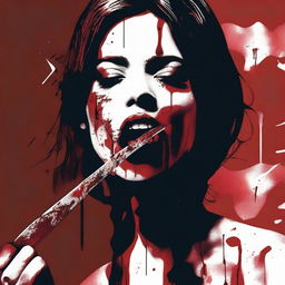 A dark red background featuring a woman with bloodstains licking a bloody knife