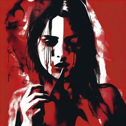 A dark red background featuring a woman with bloodstains licking a bloody knife