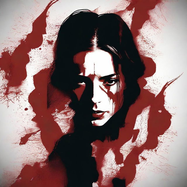 A dark red background featuring a woman with bloodstains