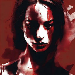 A dark red background featuring a woman with bloodstains