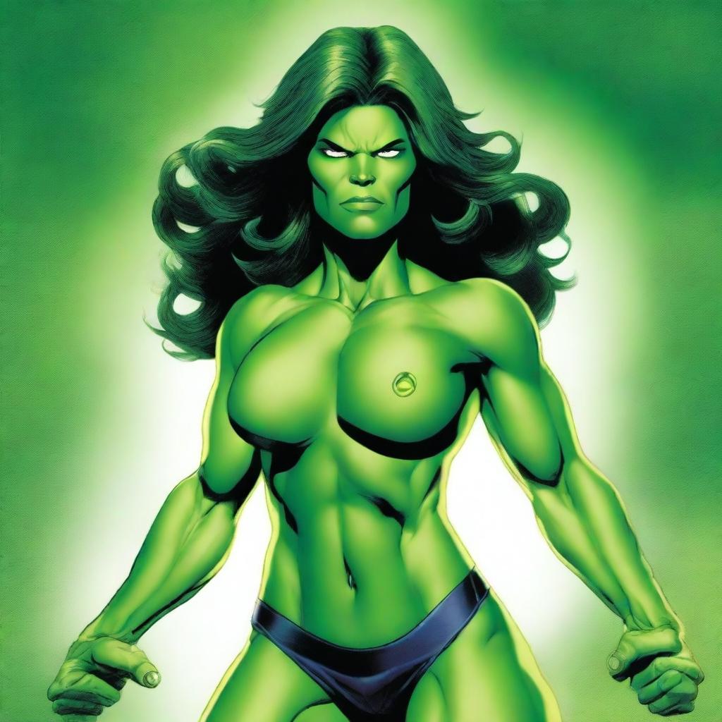 A detailed illustration of She-Hulk in a confident and powerful pose, showcasing her muscular physique and green skin