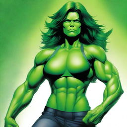 A detailed illustration of She-Hulk in a confident and powerful pose, showcasing her muscular physique and green skin