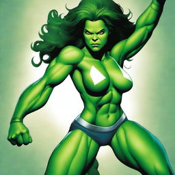 A detailed illustration of She-Hulk in a confident and powerful pose, showcasing her muscular physique and green skin