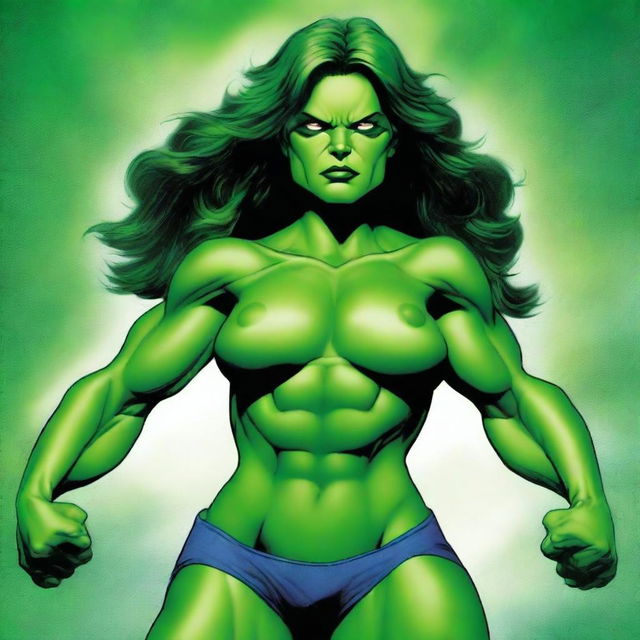 A detailed illustration of She-Hulk in a confident and powerful pose, showcasing her muscular physique and green skin