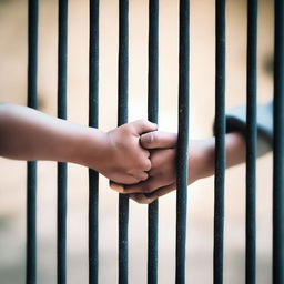 A touching image of a child holding a parent's hand through prison bars