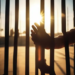 A touching image of a child holding a parent's hand through prison bars outside, with the sun shining through