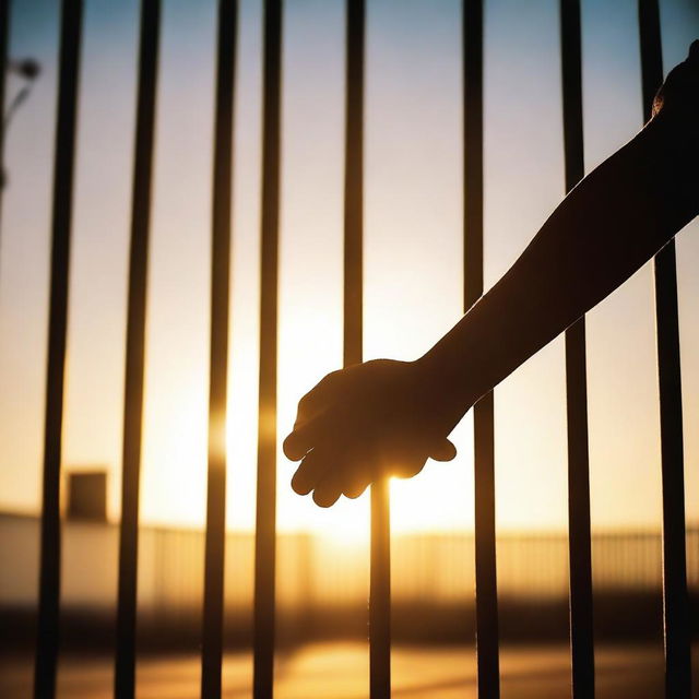 A touching image of a child holding a parent's hand through prison bars outside, with the sun shining through