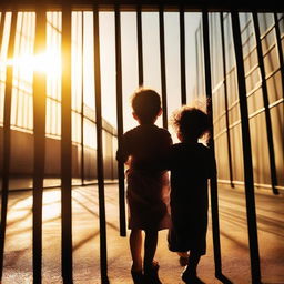 A touching image of a child holding a parent's hand through prison bars outside, with the sun shining through