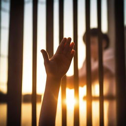 A touching image of a child holding a parent's hand through prison bars outside, with the sun shining through