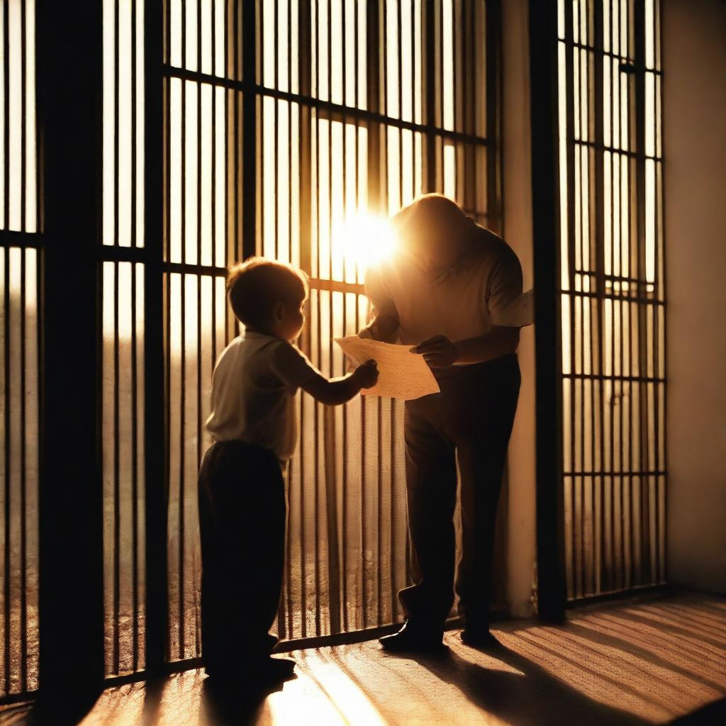 A touching image of a father looking at a child's letter or picture from behind prison bars, with the sun shining through