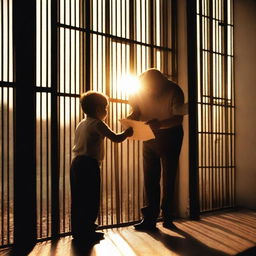 A touching image of a father looking at a child's letter or picture from behind prison bars, with the sun shining through