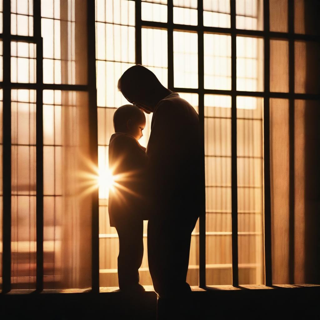 A touching image of a father looking at a child's letter or picture from behind prison bars, with the sun shining through