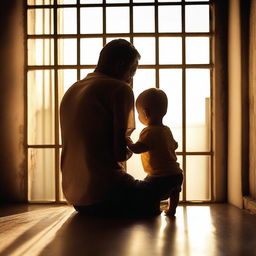 A touching image of a father looking at a child's letter or picture from behind prison bars, with the sun shining through