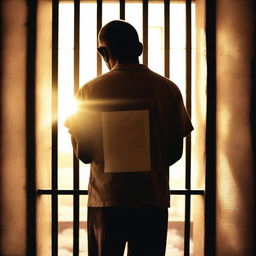 A touching image of a father looking at a child's letter or picture from behind prison bars, with the sun shining through