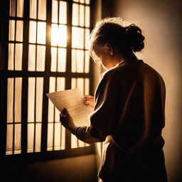 A poignant image of a parent looking at a letter or picture from a child from behind prison bars, with the sun shining through