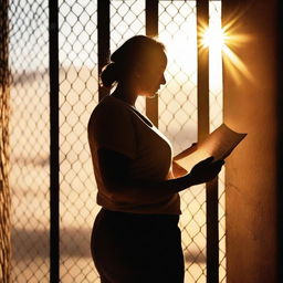 A poignant image of a parent looking at a letter or picture from a child from behind prison bars, with the sun shining through