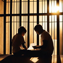 A poignant image of a parent looking at a letter or picture from a child from behind prison bars, with the sun shining through