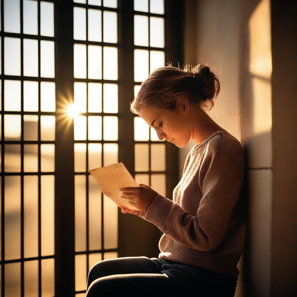 A poignant image of a parent looking at a letter or picture from a child from behind prison bars, with the sun shining through