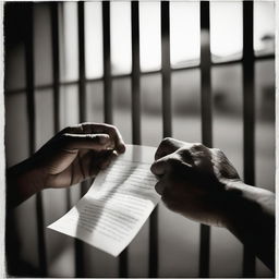 A powerful image of an incarcerated parent's hands holding a letter or picture from a child, viewed from inside the prison cell looking out through the bars