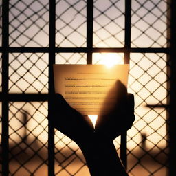 A powerful image of an incarcerated parent's hands holding a letter or picture from a child, viewed from inside the prison cell looking out through the bars