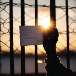 A powerful image of an incarcerated parent's hands holding a letter or picture from a child, viewed from inside the prison cell looking out through the bars