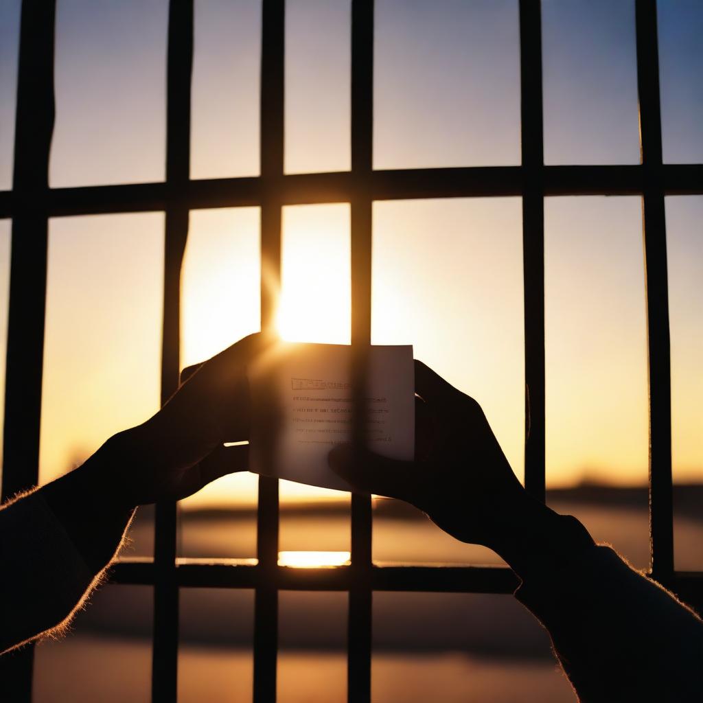 A powerful image of an incarcerated parent's hands holding a letter or picture from a child, viewed from inside the prison cell looking out through the bars