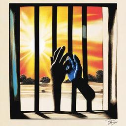 A touching image of an incarcerated parent's hands holding a picture colored by a child, viewed from inside the prison cell looking out through the bars