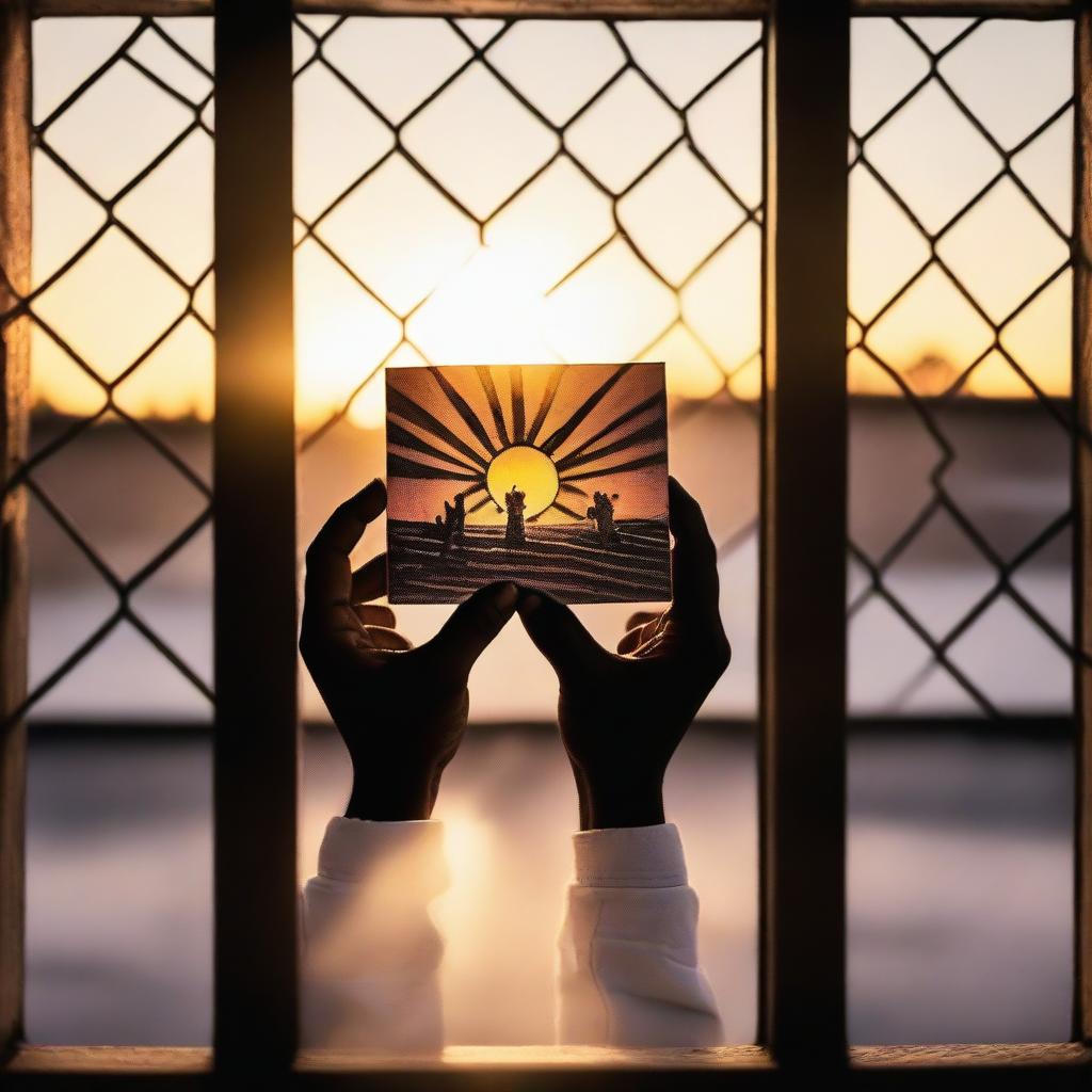 A poignant image showing only the arms and hands of an incarcerated parent holding a picture made by a child