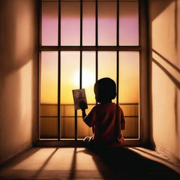 A heartfelt image showing an incarcerated parent from behind, holding a picture made by a child