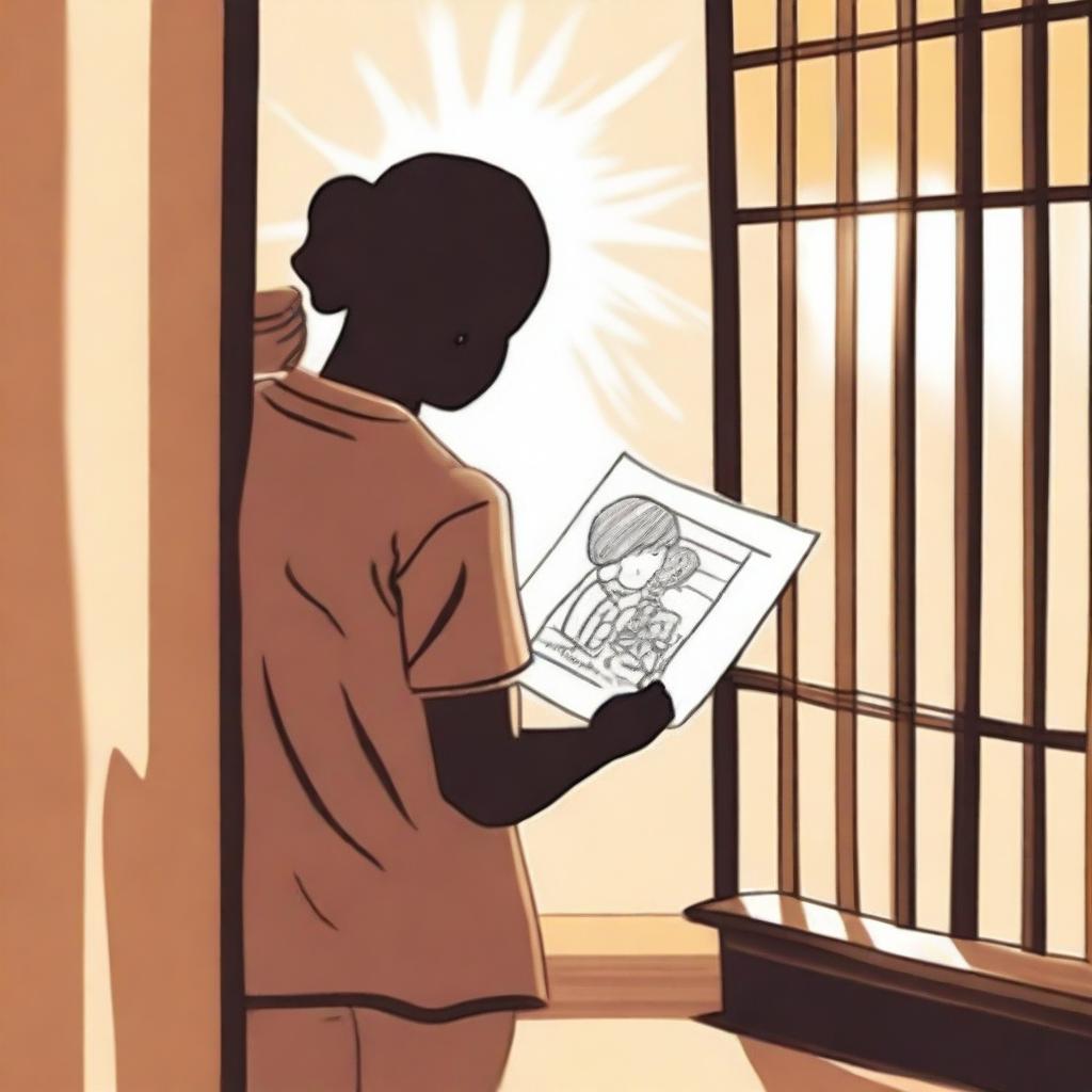 A touching image showing an incarcerated parent from behind, holding a child's drawing