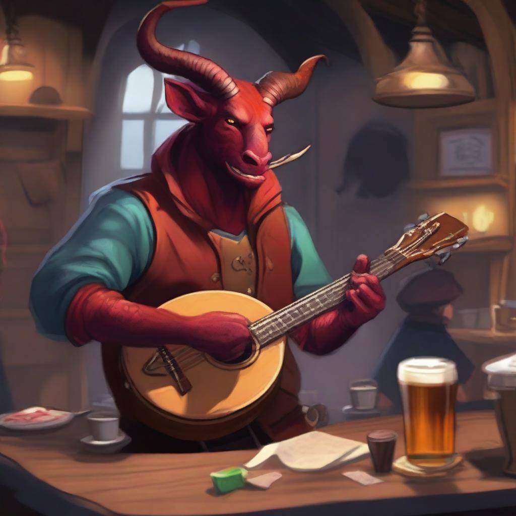 A Tiefling bard playing a gaita in a lively tavern