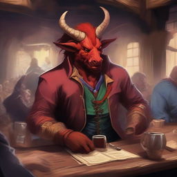 A Tiefling bard playing a gaita in a lively tavern