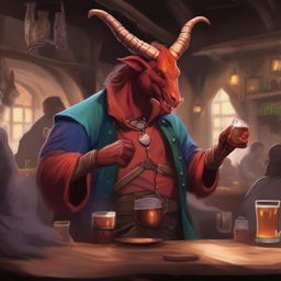 A Tiefling bard playing a gaita in a lively tavern