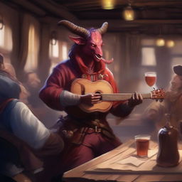 A Tiefling bard playing a gaita in a lively tavern