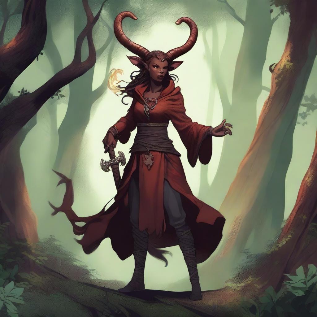 A detailed illustration of a female tiefling playing a gaita