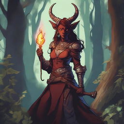 A detailed illustration of a female tiefling playing a gaita