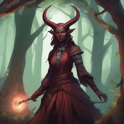 A detailed illustration of a female tiefling playing a gaita