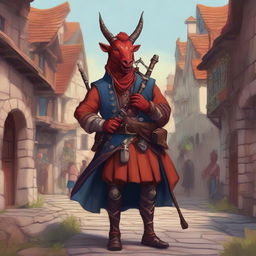 A detailed illustration of a tiefling bard playing a set of bagpipes