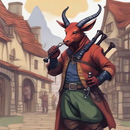 A detailed illustration of a tiefling bard playing a set of bagpipes