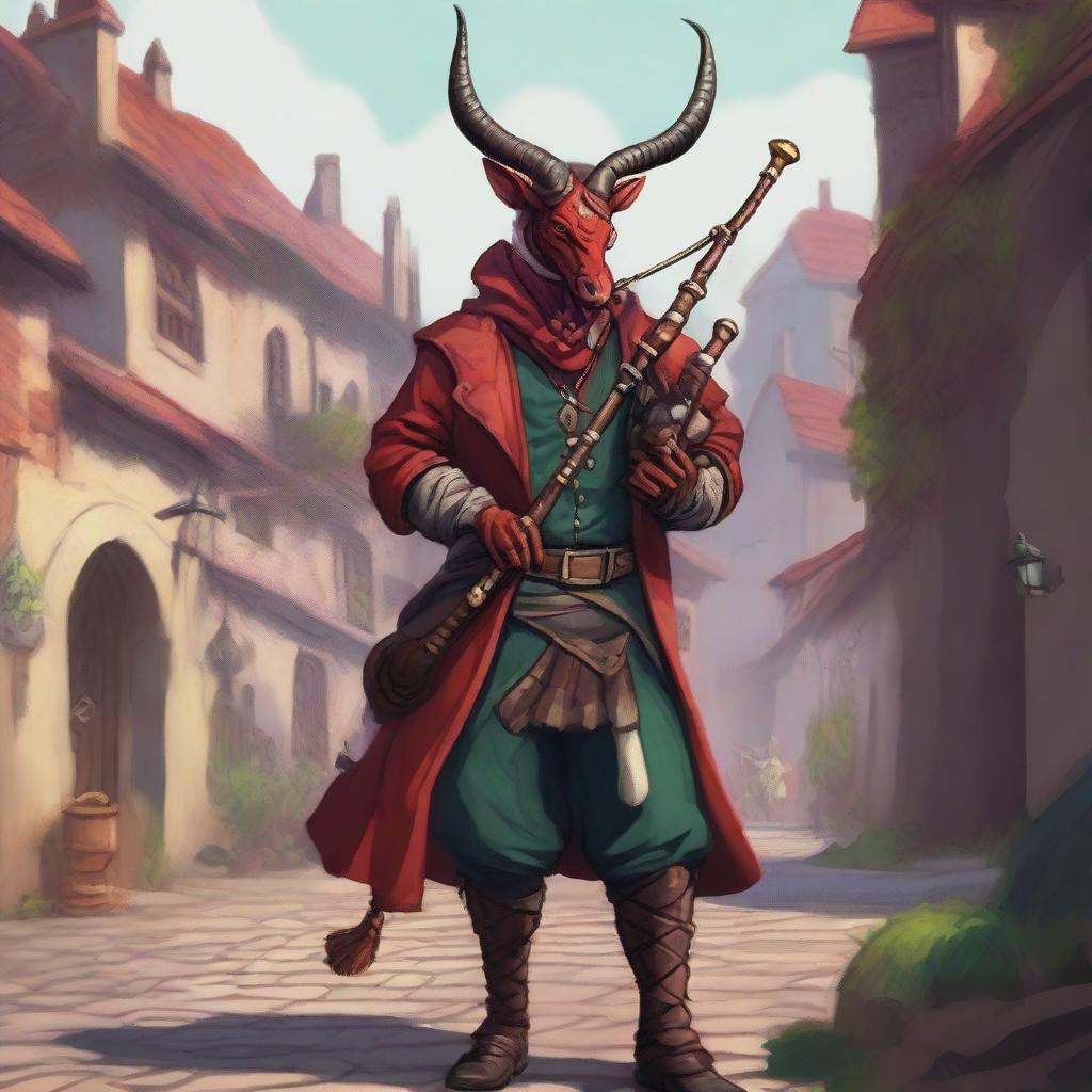 A detailed illustration of a tiefling bard playing a set of bagpipes