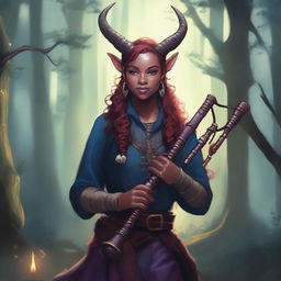 A detailed illustration of a female tiefling playing the bagpipes