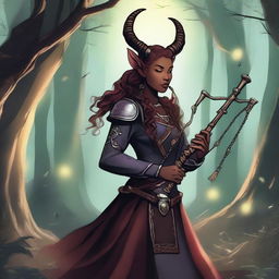 A detailed illustration of a female tiefling playing the bagpipes