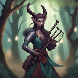 A detailed illustration of a female tiefling playing the bagpipes