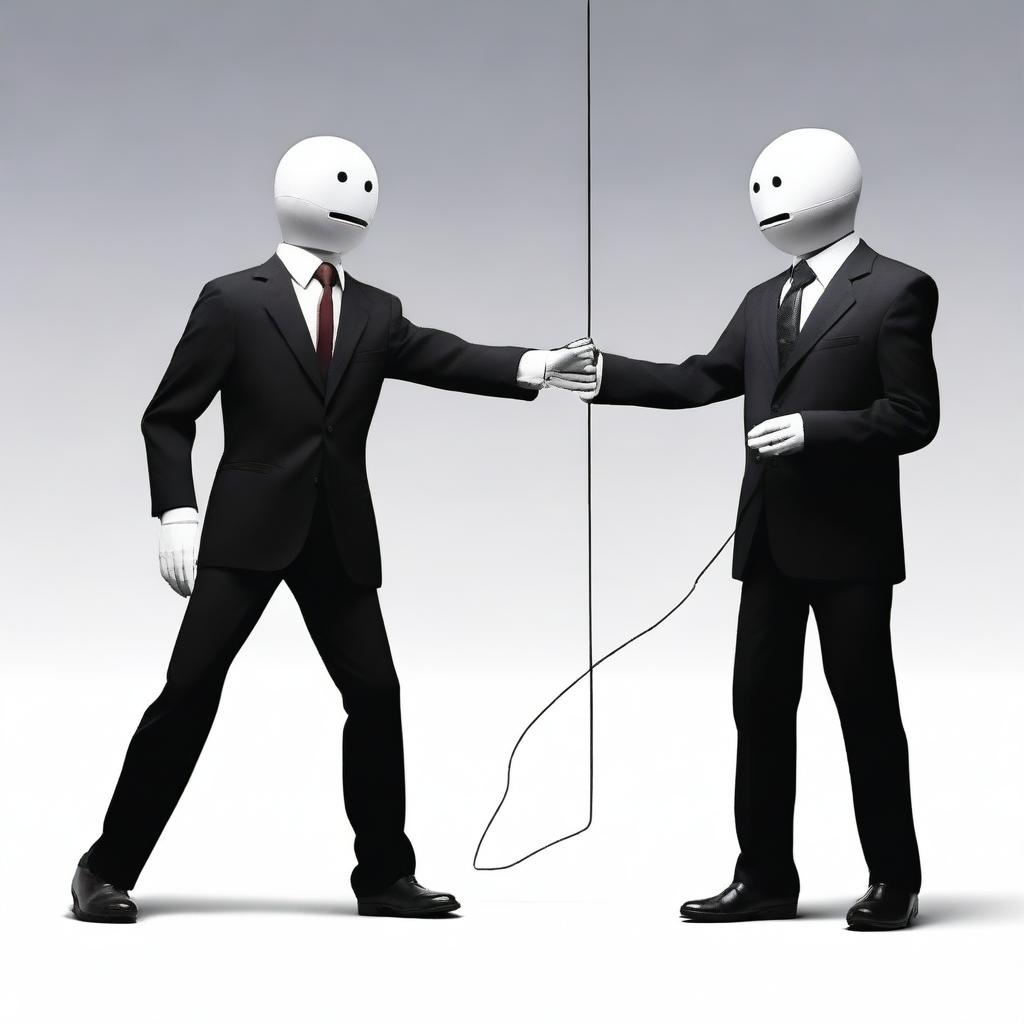 A human in a suit manipulating another person in front of them like a puppet