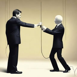 A human in a suit manipulating another person in front of them like a puppet