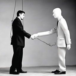 A human in a suit manipulating another person in front of them like a puppet