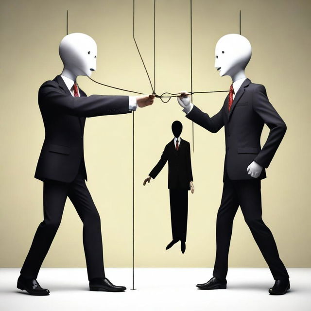 A human in a suit manipulating another person in front of them like a puppet