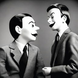 A human in a suit manipulating another person like a ventriloquist dummy