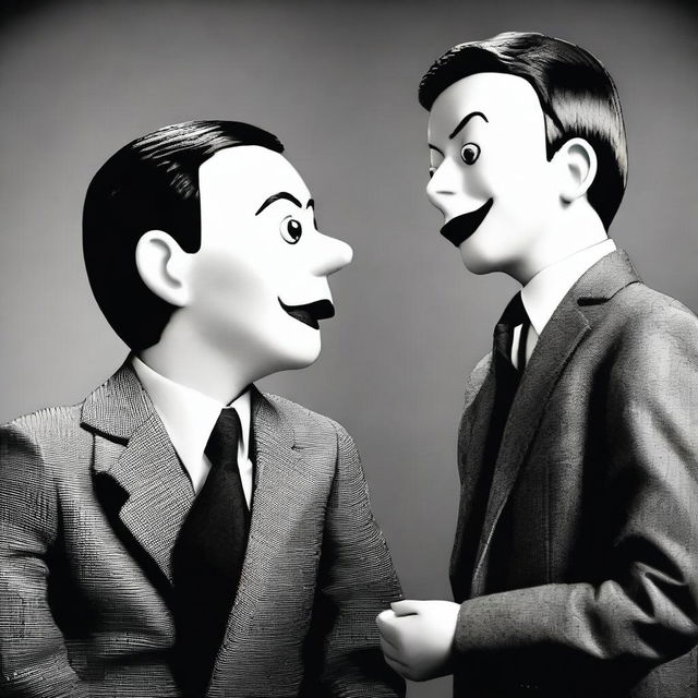 A human in a suit manipulating another person like a ventriloquist dummy